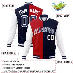 Red Navy-Navy Two Tone Split Varsity Full-Snap Letterman Jacket 4