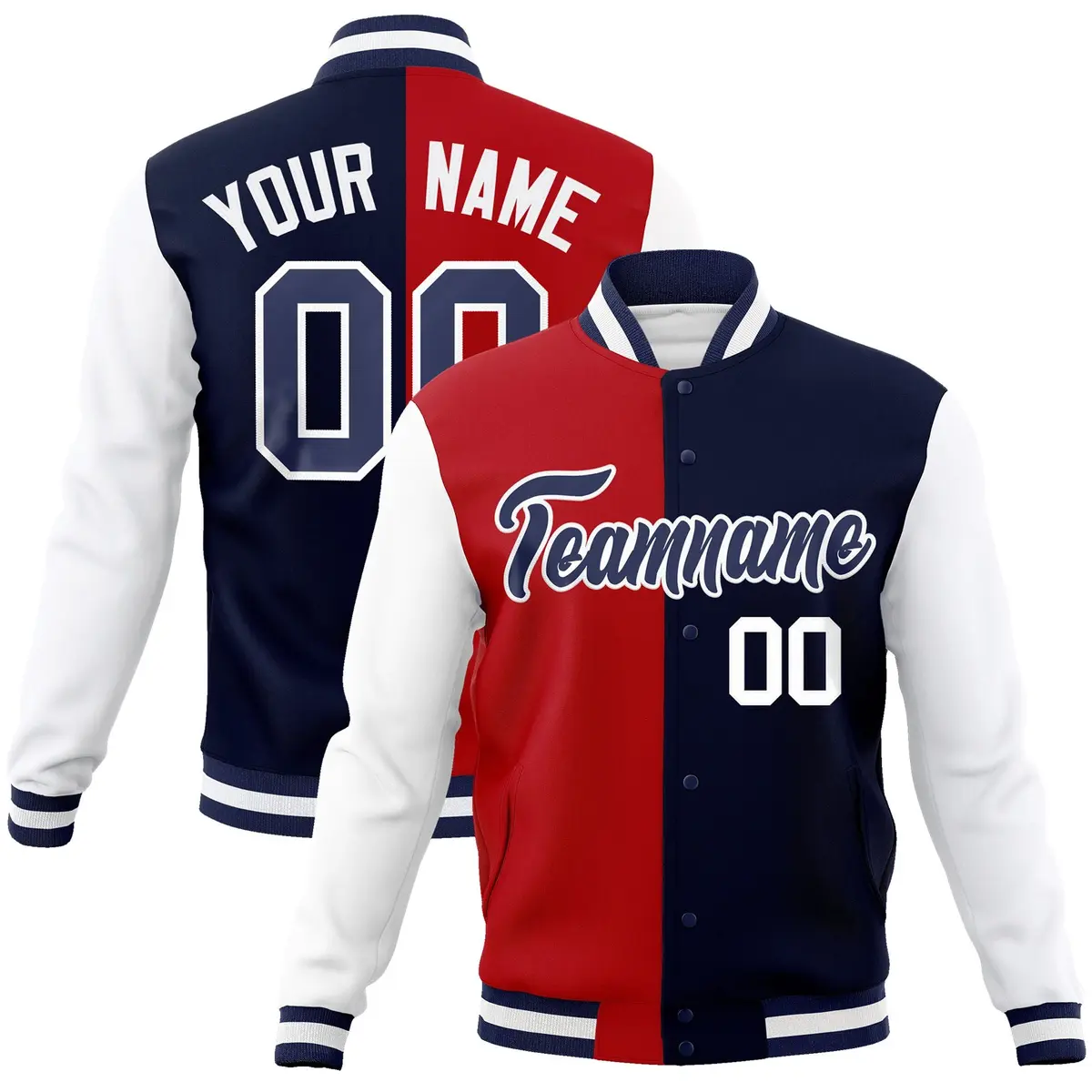 Red Navy-Navy Two Tone Split Varsity Full-Snap Letterman Jacket