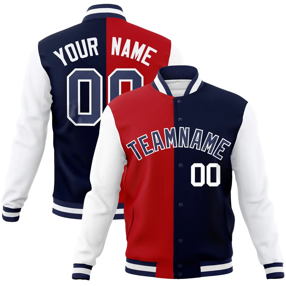 Red Navy-Navy Two Tone Split Varsity Full-Snap Letterman Jacket