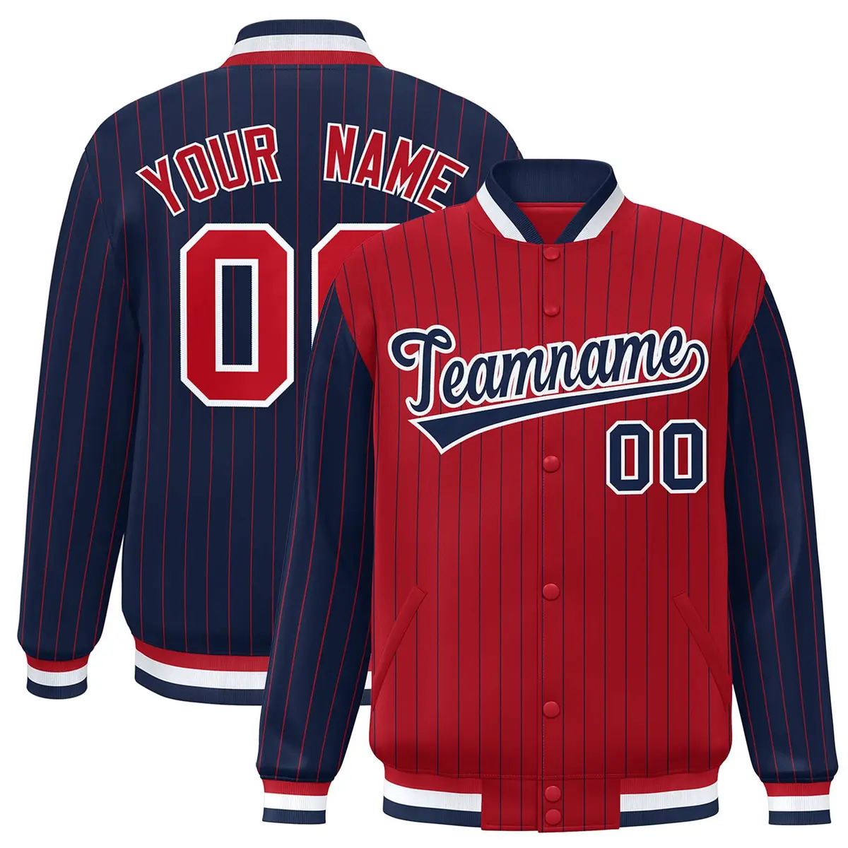 Red Navy Pinstripe Raglan Varsity Letterman Baseball Jacket