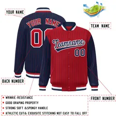 Red Navy Pinstripe Raglan Varsity Letterman Baseball Jacket 2