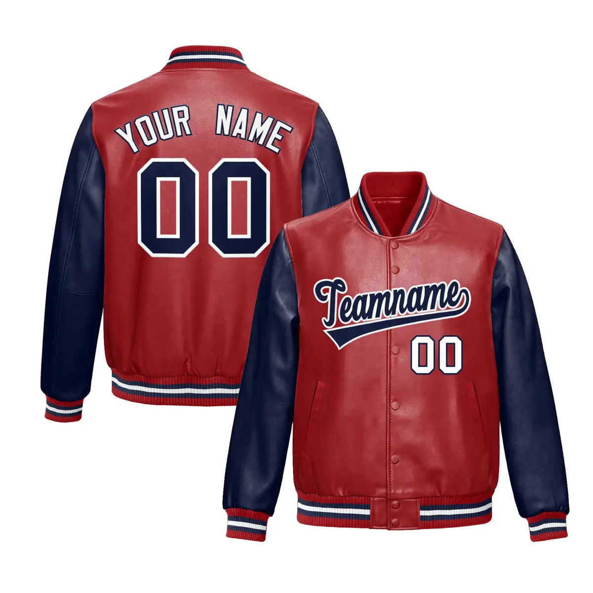 Red Navy Raglan Full-Snap Varsity Faux Leather Letterman Jacket