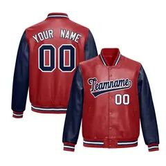 Red Navy Raglan Full-Snap Varsity Faux Leather Letterman Jacket 1