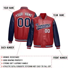 Red Navy Raglan Full-Snap Varsity Faux Leather Letterman Jacket 2