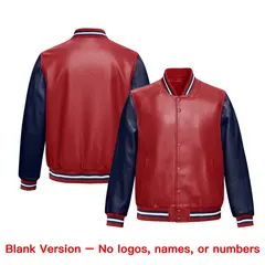 Red Navy Raglan Full-Snap Varsity Faux Leather Letterman Jacket 6