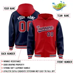 Red Navy Raglan Full-Snap Varsity Letterman Hoodie Jacket 5