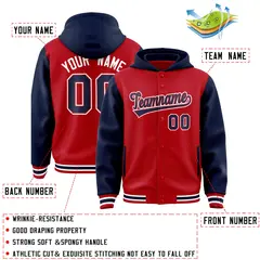 Red Navy Raglan Full-Snap Varsity Letterman Hoodie Jacket 4