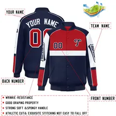 Red Navy Raglan Sleeve Varsity Letterman Jacket 2
