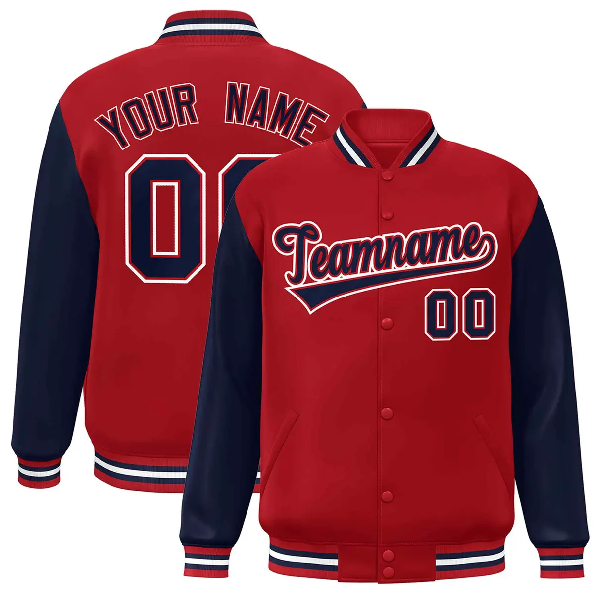 Red Navy Raglan Sleeves Full-Snap Varsity Letterman Jacket