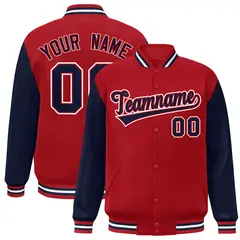 Red Navy Raglan Sleeves Full-Snap Varsity Letterman Jacket