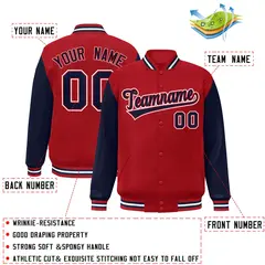 Red Navy Raglan Sleeves Full-Snap Varsity Letterman Jacket 2