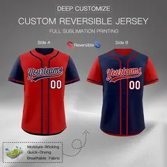 Red Navy Raglan Sleeves Reversible Baseball Jersey 2
