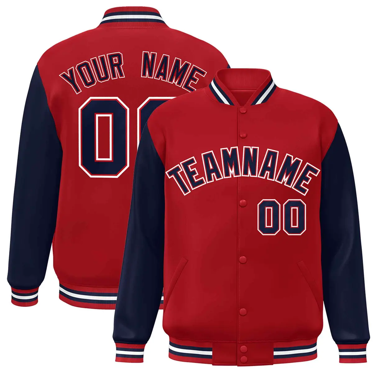 Red Navy Raglan Sleeves Varsity Full-Snap Letterman Jacket
