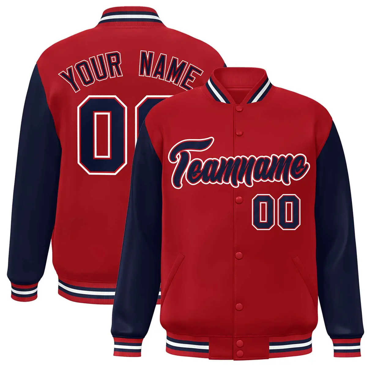 Red Navy Raglan Sleeves Varsity Full-Snap Letterman Jacket