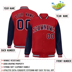Red Navy Raglan Sleeves Varsity Full-Snap Letterman Jacket 2
