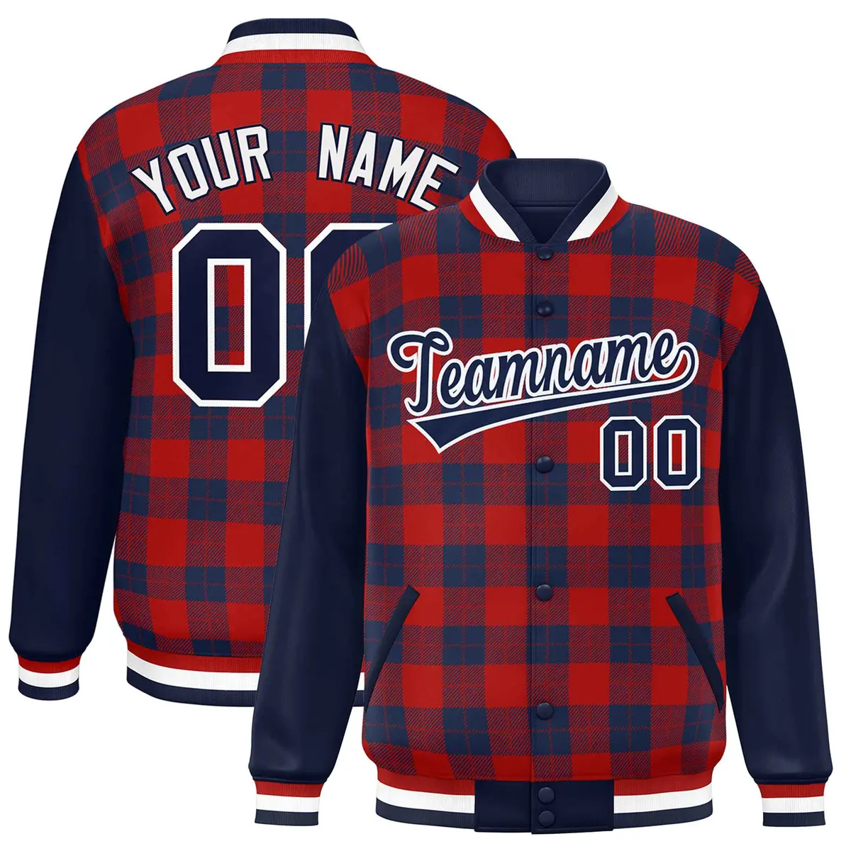 Red Navy-Red Plaid Varsity Letterman Baseball Jacket