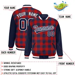 Red Navy-Red Plaid Varsity Letterman Baseball Jacket 2