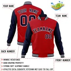Red Navy-Red Raglan Sleeves Varsity Full-Snap Letterman Jacket 4