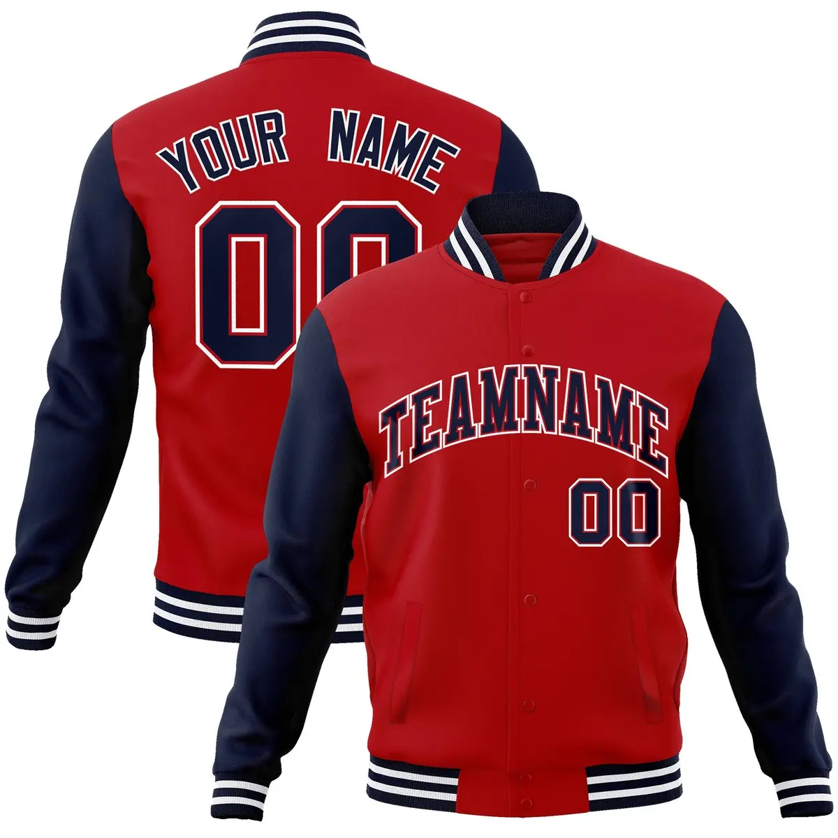 Red Navy-Red Raglan Sleeves Varsity Full-Snap Letterman Jacket
