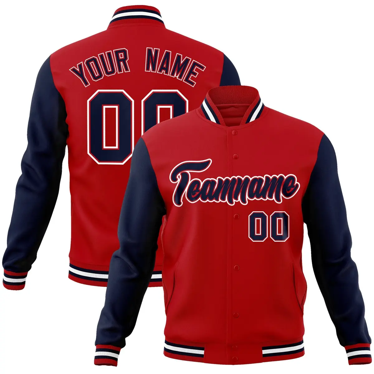 Red Navy-Red Raglan Sleeves Varsity Full-Snap Letterman Jacket