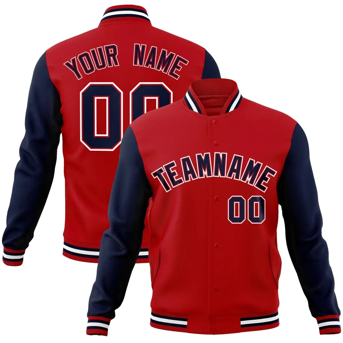 Red Navy-Red Raglan Sleeves Varsity Full-Snap Letterman Jacket