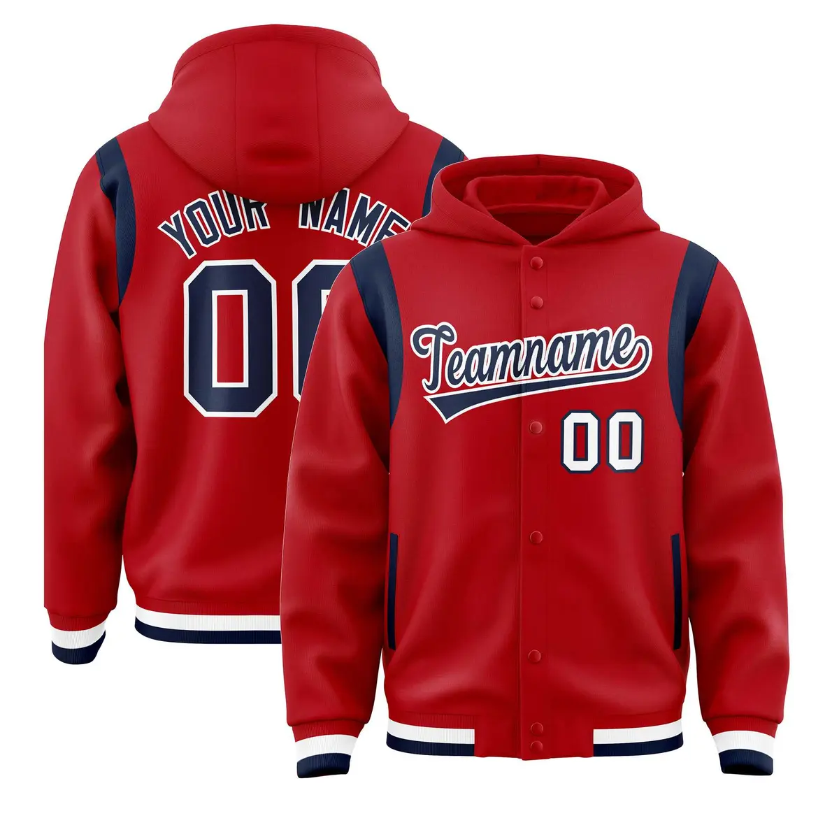 Red Navy Shoulder Color Block Varsity Letterman Jacket Hoodie