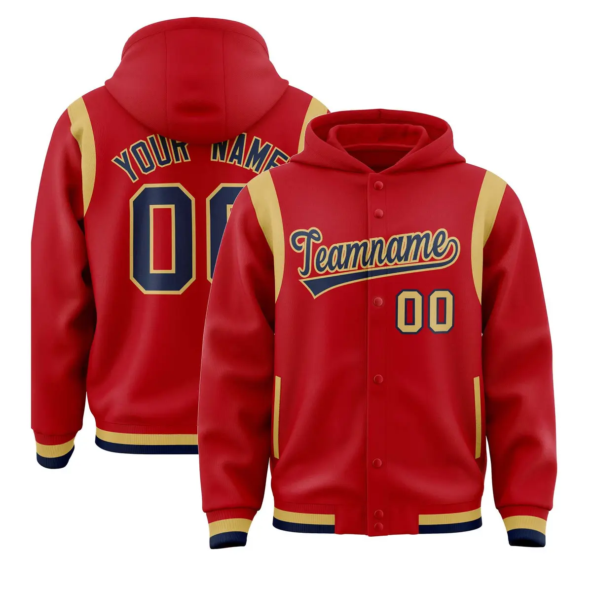 Red Navy Shoulder Color Block Varsity Letterman Jacket Hoodie