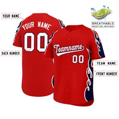 Red Navy Side Flame Outline Baseball Jersey 2