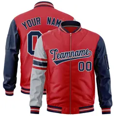 Red Navy-Silver Stripe Varsity Letterman Bomber Jacket 1