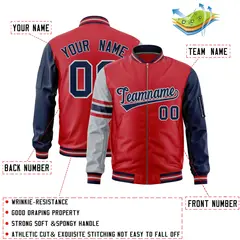 Red Navy-Silver Stripe Varsity Letterman Bomber Jacket 2