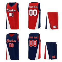 Red Navy Slanting Two Lines Color Block Basketball Jersey 2