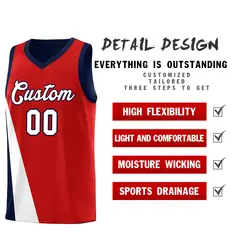 Red Navy Slanting Two Lines Color Block Basketball Jersey 3
