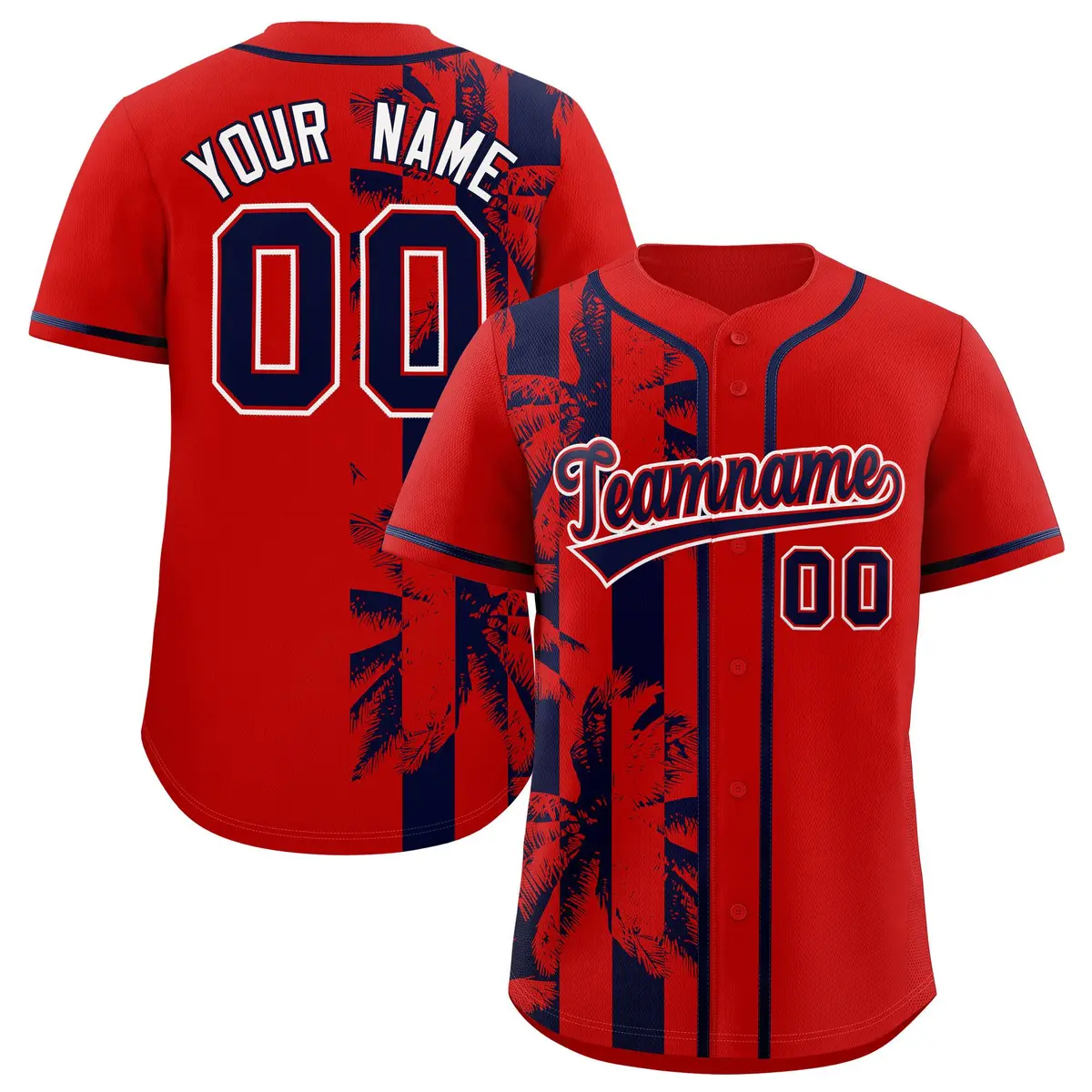 Red Navy Split Coconut Tree Baseball Jersey