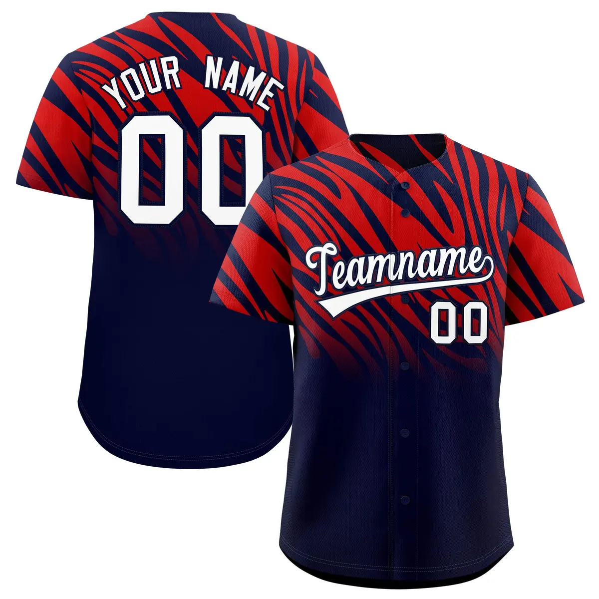 Red Navy Tiger Stripe Gradient Animal Print Baseball Jersey