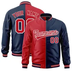 Red Navy Two Tone Full-Zip Varsity Letterman Bomber Jacket 1