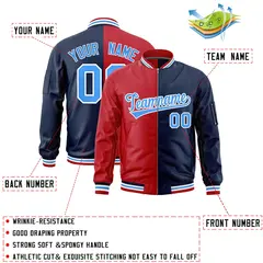 Red Navy Two Tone Full-Zip Varsity Letterman Bomber Jacket 2