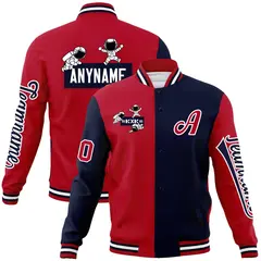 Red Navy Two Tone Split Full-Snap Letterman Jacket Raglan Sleeves