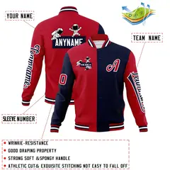 Red Navy Two Tone Split Full-Snap Letterman Jacket Raglan Sleeves 4