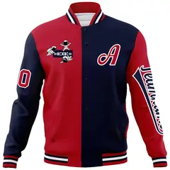 Red Navy Two Tone Split Full-Snap Letterman Jacket Raglan Sleeves 5
