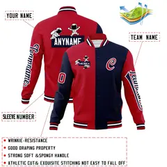 Red Navy Two Tone Split Full-Snap Letterman Jacket Raglan Sleeves 4