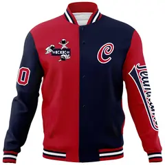 Red Navy Two Tone Split Full-Snap Letterman Jacket Raglan Sleeves 5