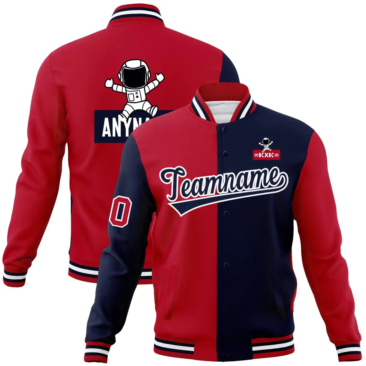 Red Navy Two Tone Split Full-Snap Letterman Jacket Raglan Sleeves