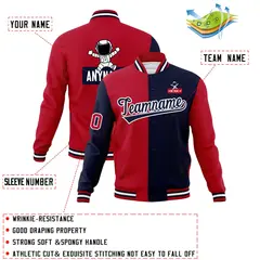 Red Navy Two Tone Split Full-Snap Letterman Jacket Raglan Sleeves 4