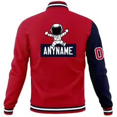 Red Navy Two Tone Split Full-Snap Letterman Jacket Raglan Sleeves 6