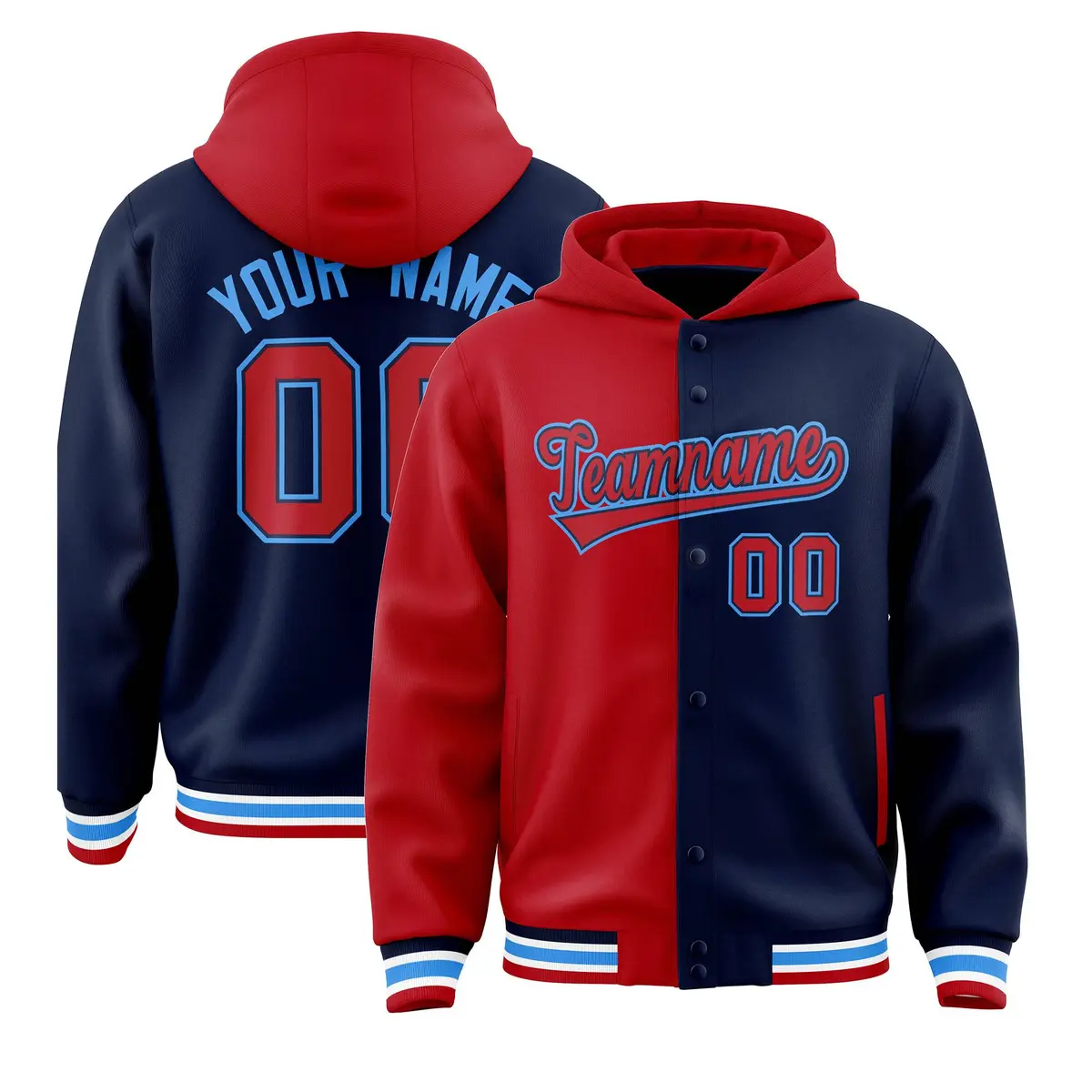 Red Navy Two Tone Split Full-Snap Varsity Letterman Jacket Hoodie