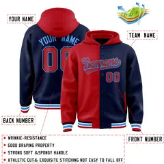 Red Navy Two Tone Split Full-Snap Varsity Letterman Jacket Hoodie 4