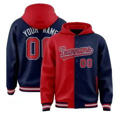 Red Navy Two Tone Split Full-Snap Varsity Letterman Jacket Hoodie
