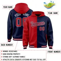 Red Navy Two Tone Split Full-Snap Varsity Letterman Jacket Hoodie 4