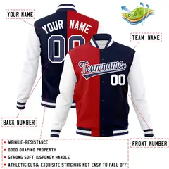 Red Navy Two Tone Split Varsity Full-Snap Letterman Jacket 4