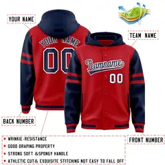 Red Navy Varsity Letterman Hoodie Jacket Raglan Three Stripes 4